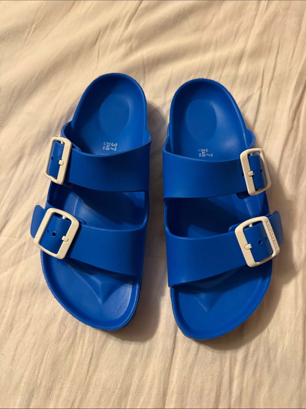 Birkenstock Kids Double Buckle Slides in Bright Blue with White Buckles
